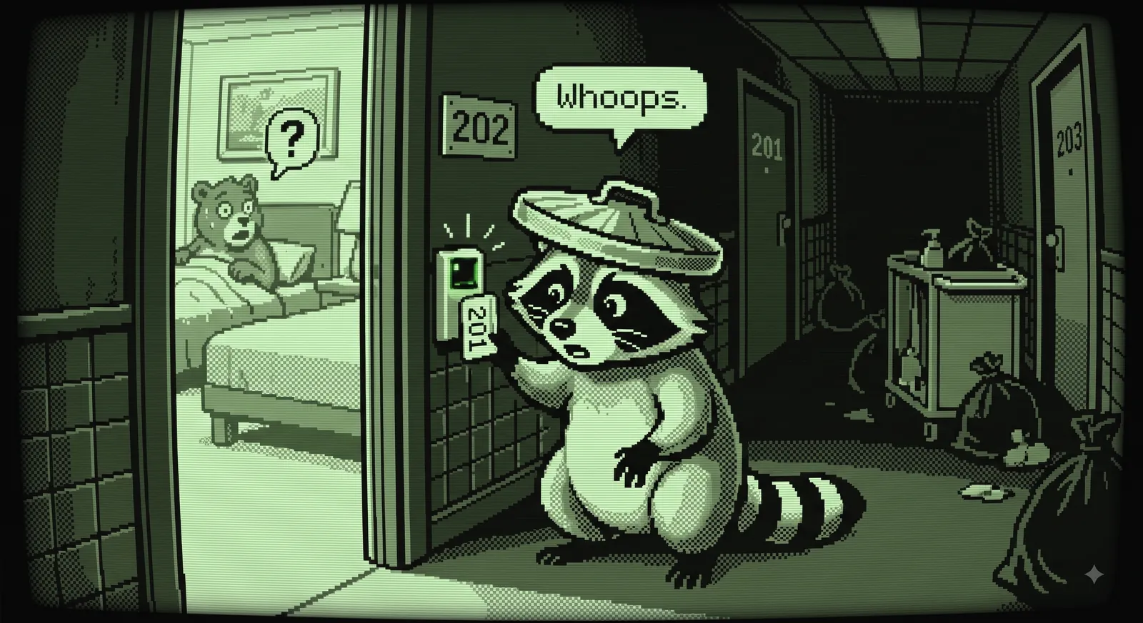 Bandit the raccoon standing in the open doorway of hotel room 202, holding a keycard labelled 201, while a startled bear sits up in the bed. A speech bubble above Bandit reads 'Whoops.'