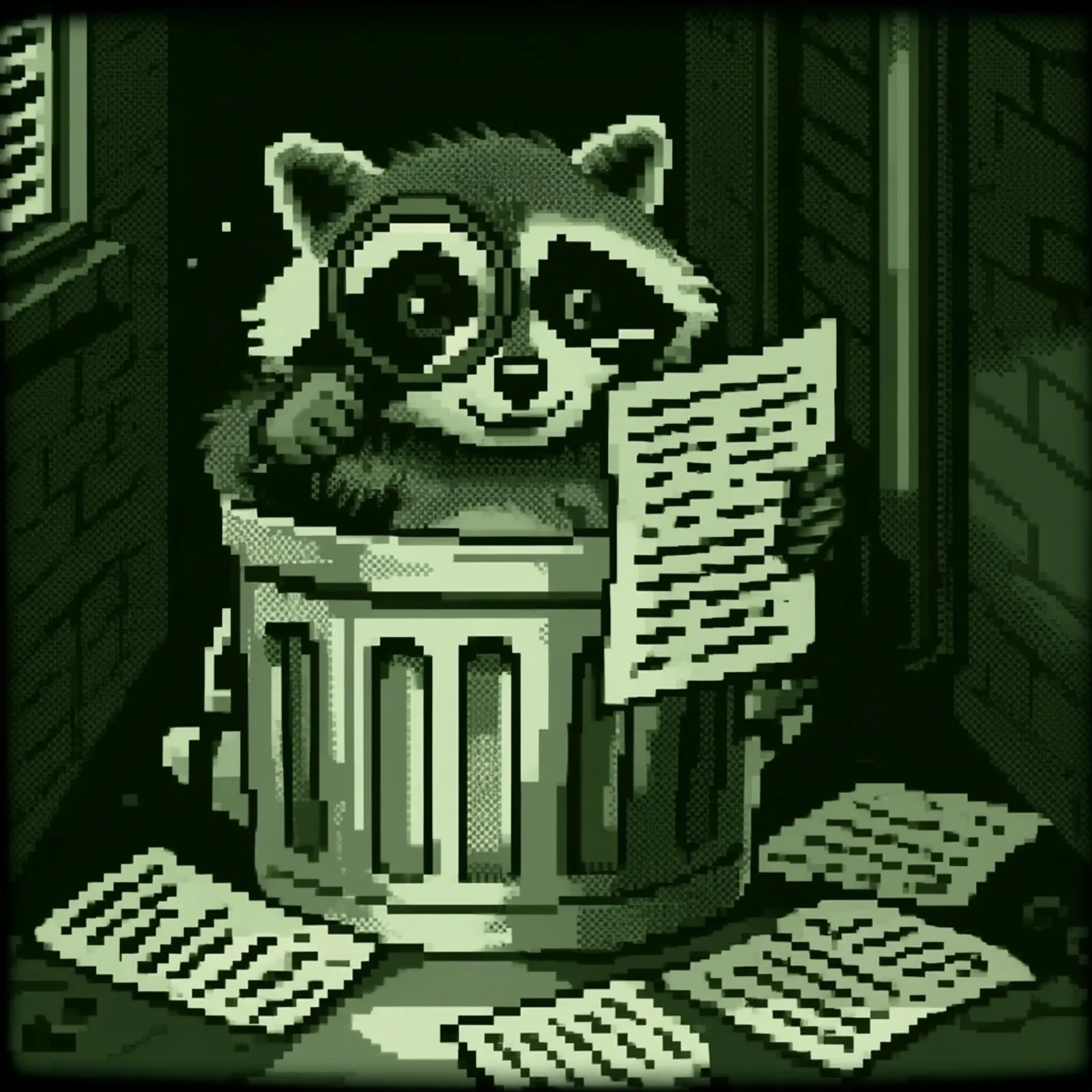 Bandit the masked raccoon, holding a magnifying glass, perched in a trash can and squinting at printouts of source code, with more pages scattered across the ground around him