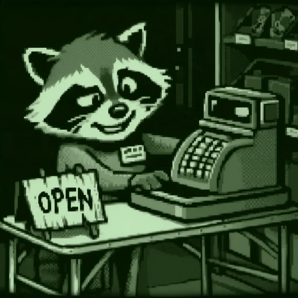 Bandit the raccoon grinning behind a folding table with an old cash register and a handwritten OPEN sign