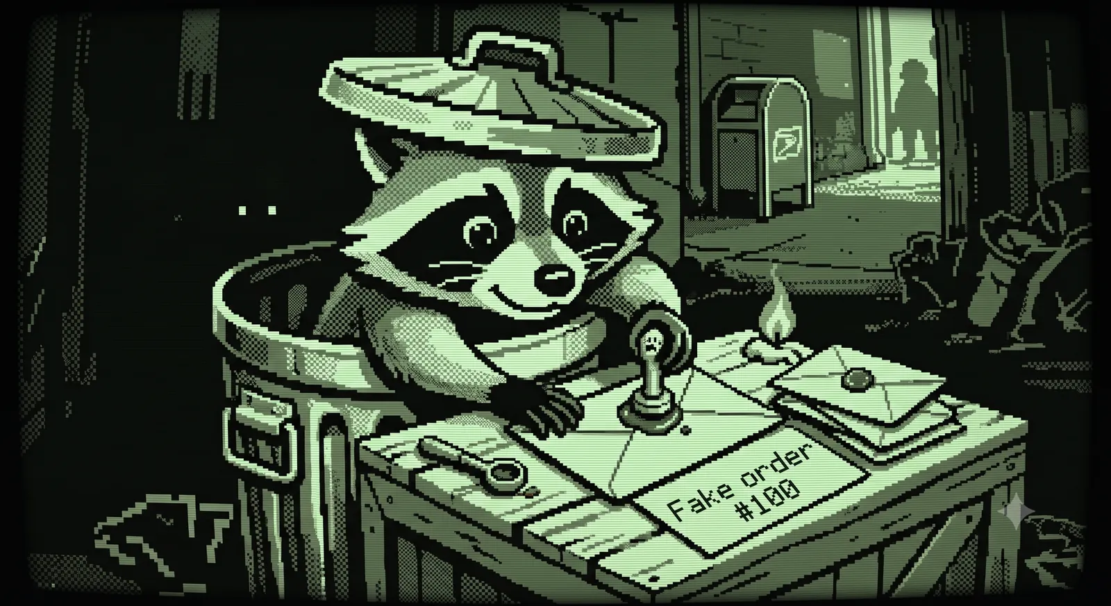 Bandit the raccoon in a trash can, pressing a wax seal onto a forged 'Fake order #100' letter, with a mailbox in the background