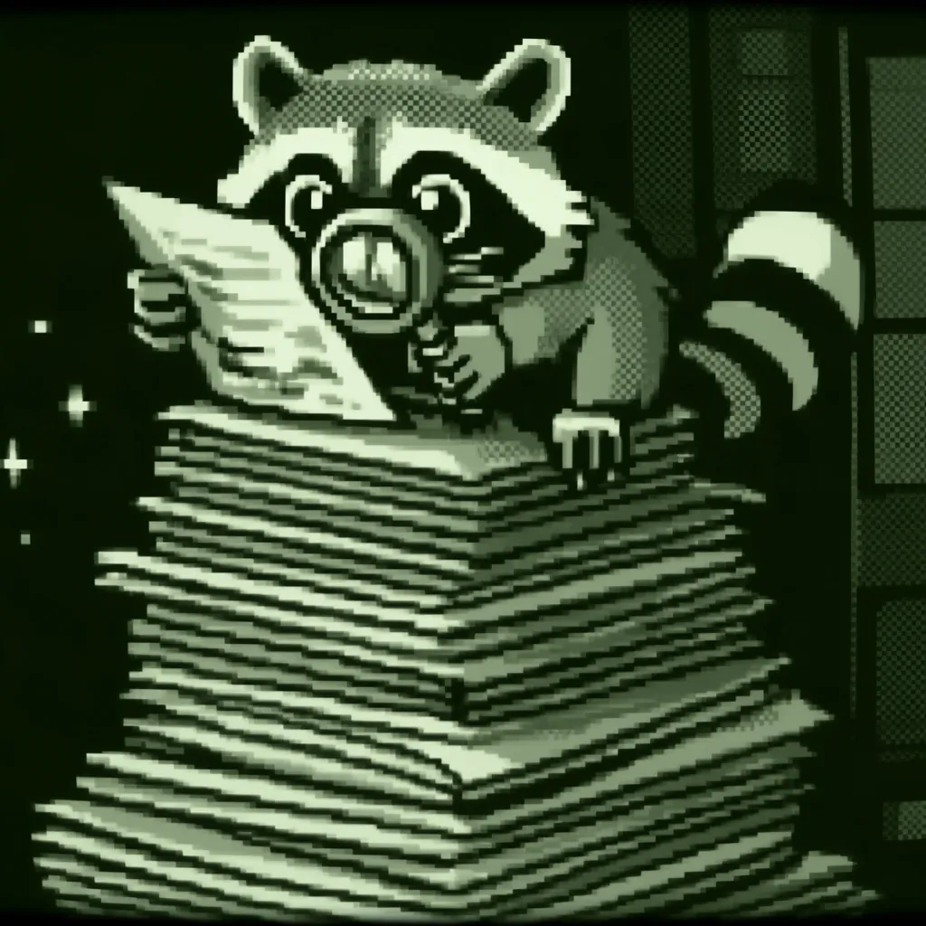 Bandit the masked raccoon perched on a towering stack of paper, squinting through a magnifying glass at a page of code held up in one paw