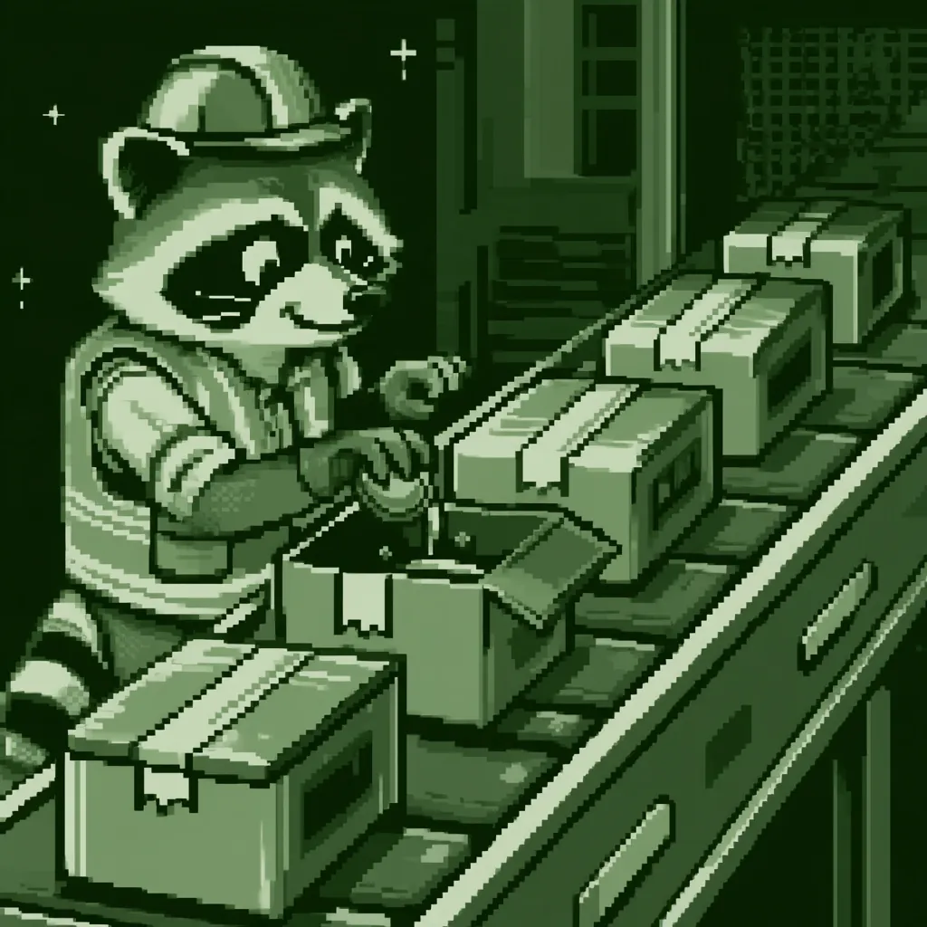 Bandit the masked raccoon in a hard hat and work vest, slipping something into an open box on a warehouse conveyor belt between sealed, taped-up packages